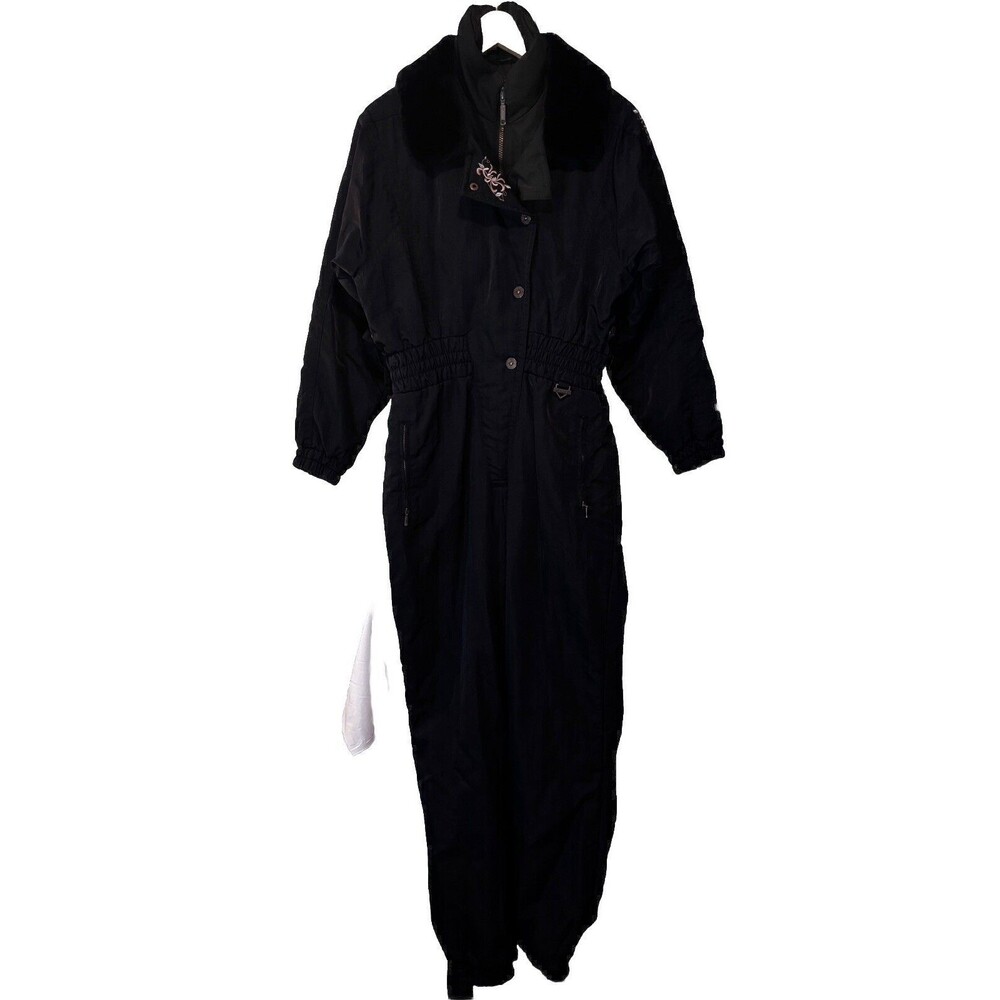 Fera Ski Suit Women One Piece Snowsuit Snow Bib Black Faux Fur Apres Sz 10